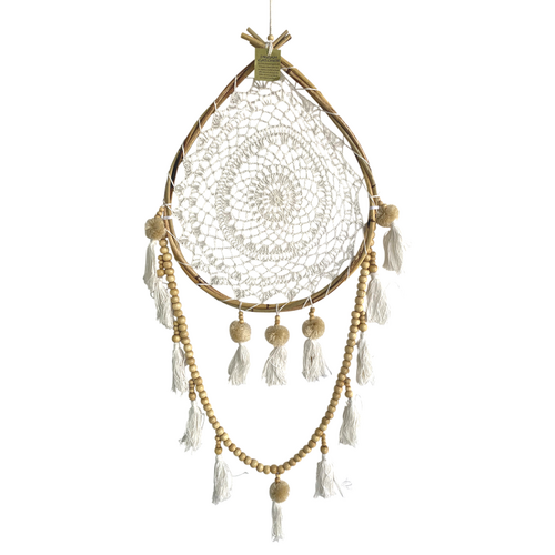 Dream Catcher 95cm Teardrop Rattan with Twisted Bamboo Frame / Beads, Pompoms