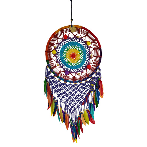 Dream Catcher 42cm Pom Pom Round Rainbow Doily Colouring with Feathers Hand Made