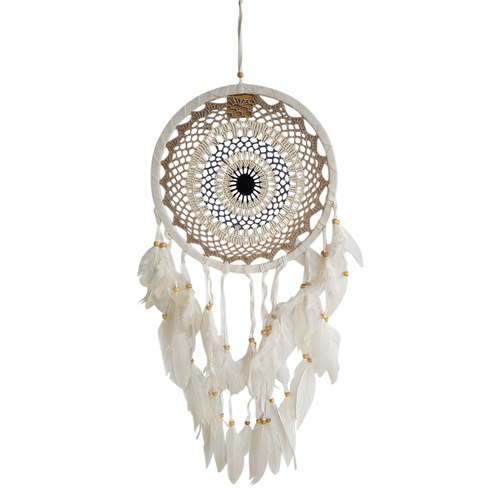 Dream Catcher Beige 32cm Diameter Round Doily with Feathers Hand Made