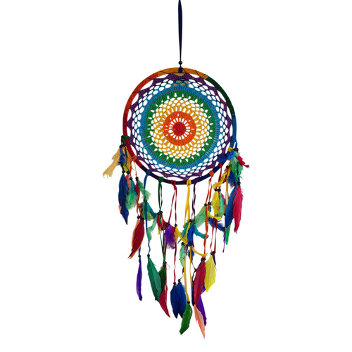 Dream Catcher Rainbow 32cm Round Doily with Feathers Hand Made