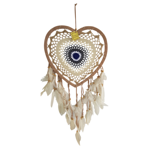 Dream Catcher 34cm Beige/Navy Blue Heart Round Doily with Feathers Hand Made
