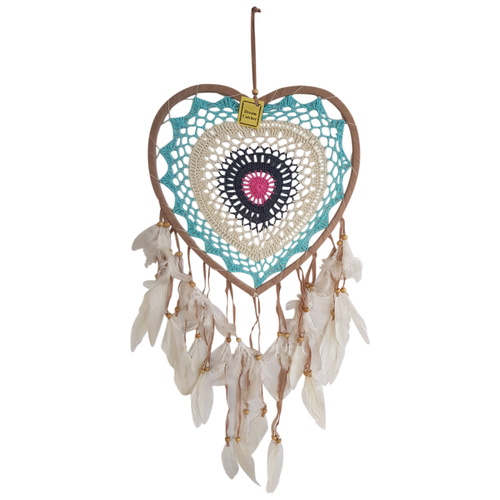 Dream Catcher 34cm Pink/Aqua Heart Round Doily with Feathers Hand Made