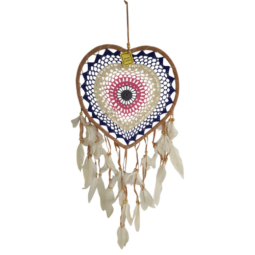 Dream Catcher 34cm Pink/Navy Blue Heart Round Doily with Feathers Hand Made