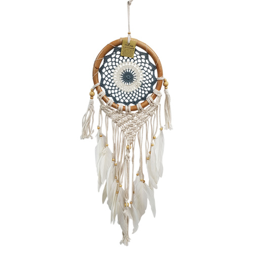 Dream Catcher 22cm Grey Rattan Ring Doily Beads Feathers Hand Made 1pce