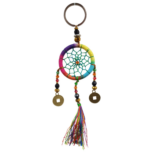4cm Dream Catcher Rainbow Key Ring Colourful Web Design Chinese Coin Hand Made