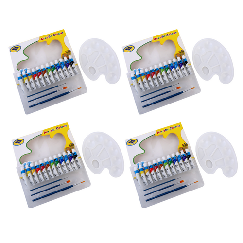 4x Acrylic Painting Sets 16pce Kit with 3 Brushes, Palette Beginner Starter Bundle