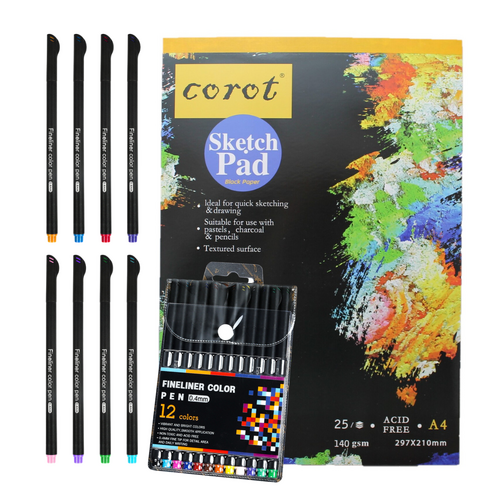 Fine Liner Pens with A4 Black Paper Sketch Pad, Colour Markers Artist Set