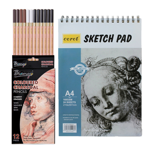 12pce Coloured Charcoal Pencils with A4 Sketch Paper Binder Pad, Artist Set