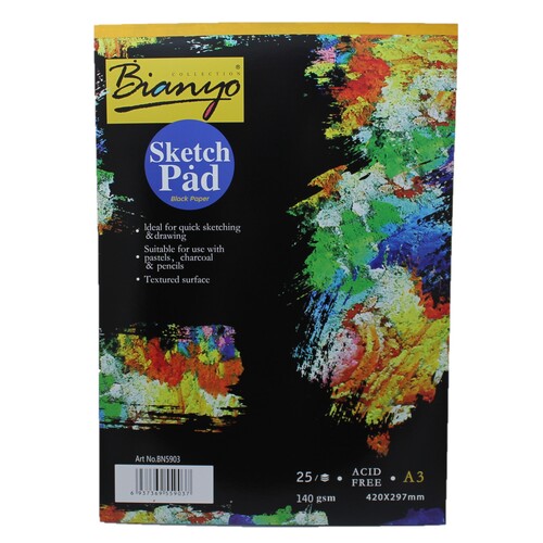 A3 Black Paper Sketch Pad 140GSM 25 Sheet Sketching & Drawing Acid Free