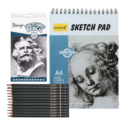 12pce Graphite Drawing Pencils with A4 Sketch Paper Binder Pad, Artist Set