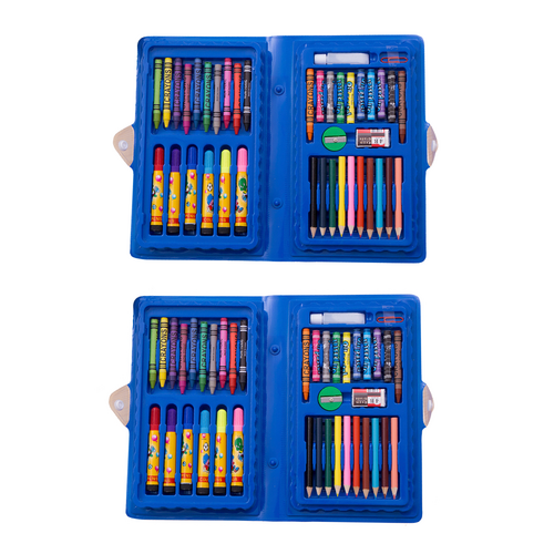 2x Blue Mixed Media Kits 40pce Set Crayons, Pencils, Markers, & Pens In Case