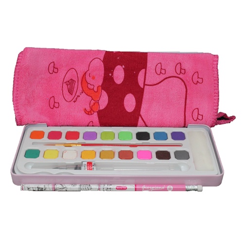 18pce Colour Watercolour Cake Half Pan Set in PINK Metal Box with Extras