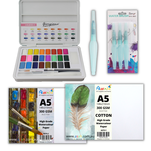 Watercolour Painting Kit 24 Colours, A5 Paper, Brushes, Palette Box, Paint Set