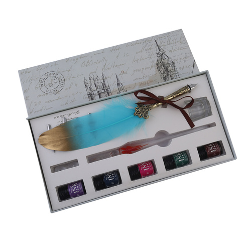 24cm Antique Style 5 Nib Calligraphy Pen Set with Two-Tone Feather Aqua & 5 Inks Gift Box