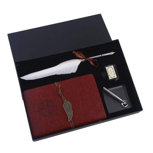 26cm Antique Style 1 Nib Calligraphy Pen Set with White Feather & Note Book Gift Box