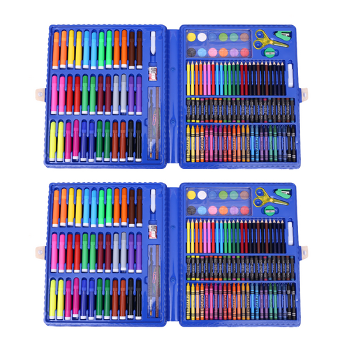 2x Mixed Media Kits Blue 151pce Kids Art in Case Crayons, Markers, Watercolour