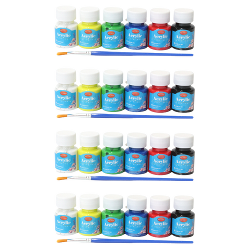 4x Acrylic Paints 6 Colour Sets 25ml Tubs Intro Includes Brush Art