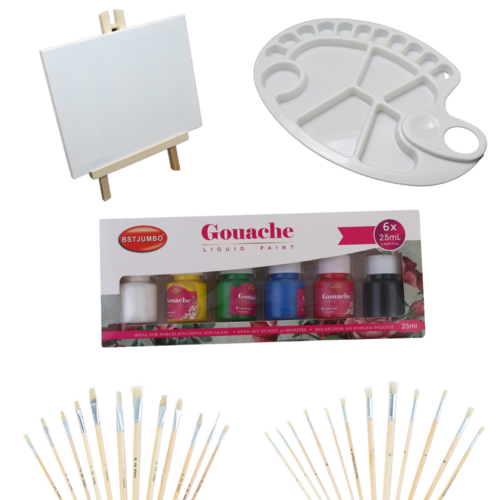 Value Deal 33pce Gouache Paint Intro Set Kit Paints, Round & Flat Brushes, Palette