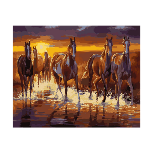 Wild Horses Galloping Sunset Paint by Numbers Canvas Art Work DIY 40cm