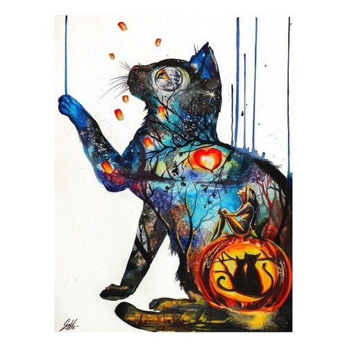 Mystical Cat Silhouette Paint by Numbers Canvas Art Work DIY 40cm x 50cm