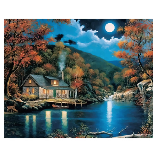 River View Full Moon Paint by Numbers Canvas Art Work DIY 40cm x 50cm