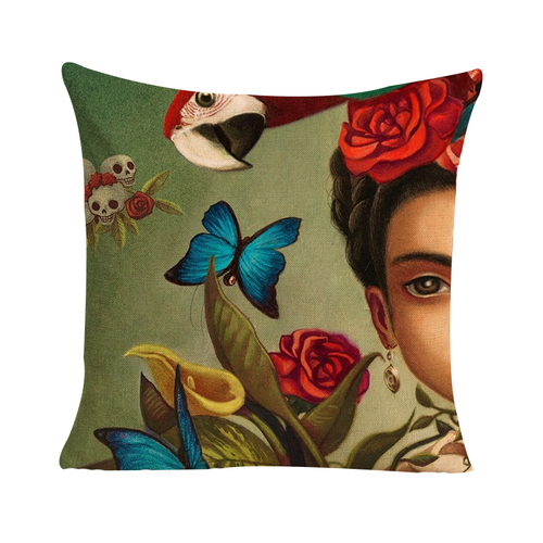 Frida Kahlo with Butterfly & Bird Cushion Cover (No Insert) 45cm Mexican Inspired Design