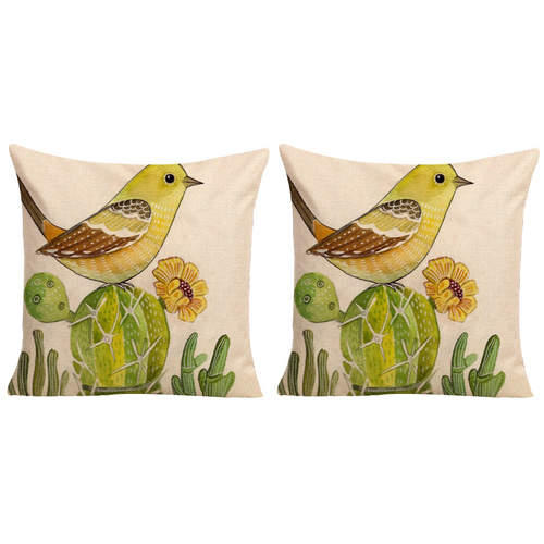 2x Bird on Cactus Cushions Insert Included 45cm Japanese Inspired Design