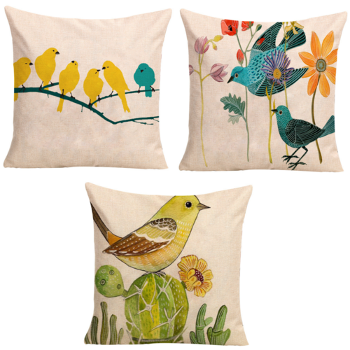 3pce Set of Simple Bird Colourful Cushions 45cm Japanese Inspired Designs Bundle