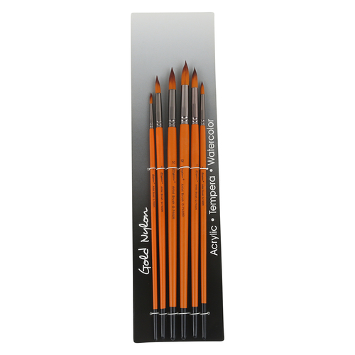 6pce Round Tip/Peak Nylon Paint Brushes Orange Handle, Acrylic, Watercolour, Tempera Reusable
