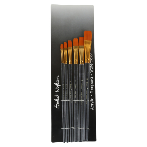 6pce Flat Tip/Peak Paint Brushes Set Clear Handles for Acrylic, Watercolour, Tempera Reusable Nylon