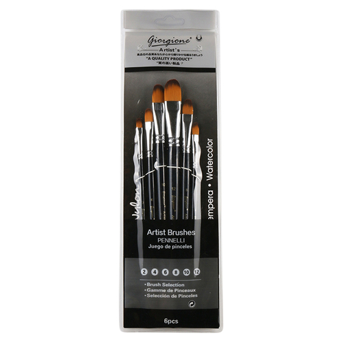 6pce Hazelnut Paint Brushes Set Bright Tip Acrylic, Watercolour, Tempera Reusable Black Handle