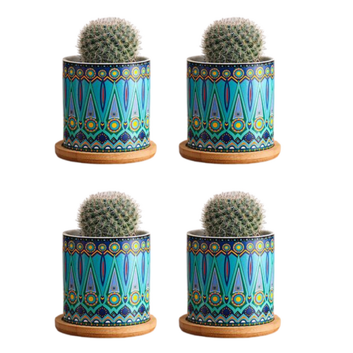 Aqua Blue Ceramic Pots Set 4pce 7.5cm Round Flower Planter Ideal for Succulents, Herbs