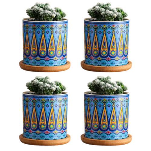 Blue Ceramic Pots Set 4pce 7.5cm Round Flower Planter Ideal for Succulents, Herbs