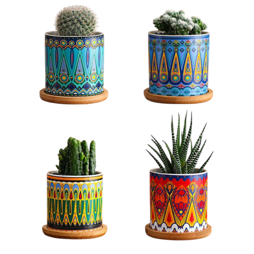 Pots Set 4pce Round Colourful Designs with Bamboo Saucer Plate 7.5cm