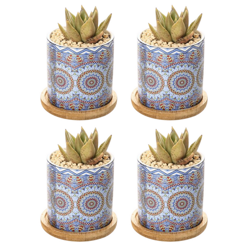 Ceramic Pots Set 4pce  BURGUNDY Retro Circles Round Planter for Flowers & Herbs