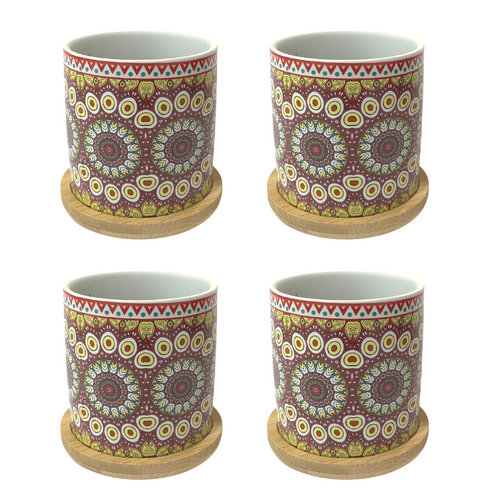 Ceramic Pots Set 4pce Burgundy Retro Circles Round Planter for Flowers & Herbs