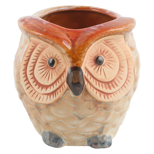 1pce 9cm Beige Owl Bird Plant Pot Ceramic Gloss Glazed Cute Face for Flowers, Herbs, Succulents