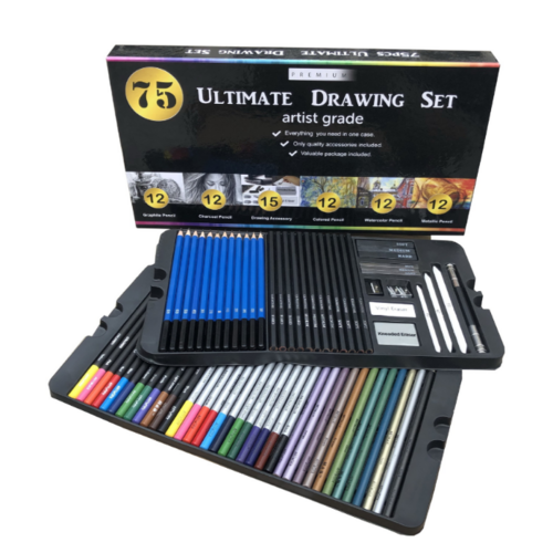 75pce Ultimate Drawing Set Colour, Graphite, Metallic, Watercolour, CharcoalåÊPencils inåÊGift Pack Bundle