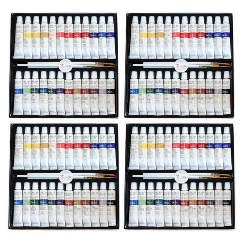 4x Acrylic Paint Sets 3 Brushes & 24 Colours 12ml Tubes Artist Gift Bundle