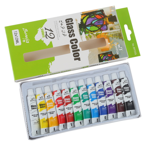 12pce Glass Paint 12ml Tubes in Box Artist Quality With Brush Set Non Toxic