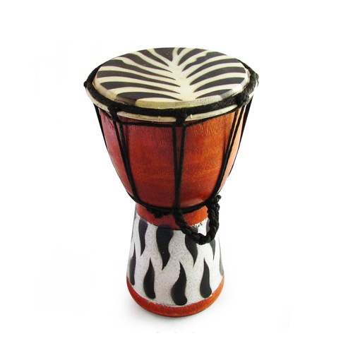 20cm High, Wooden Bongo with Goat Skin in a Zebra Print and Zebra Print at Base