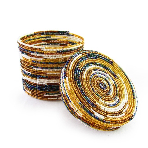 10x9cm Handmade Glass Beaded Trinket Box with Lid in Two Tone Design with Metallic Finish Gold/Purple