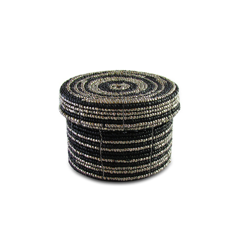 8x8cm Handmade Glass Beaded Trinket Box with Lid in Two Tone Design with Metallic Finish Black/Silver