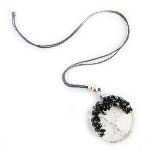 7.5cm Tree of Life Copper Necklace Pendant with Glass & Crystal Beads Jet Black