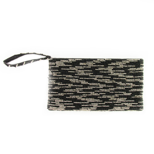 30cm Hand Made Glass Beaded Purse / Clutch Bag, in Two Tone Design with Metallic Finish Black/Silver