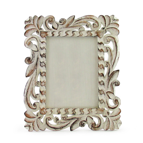30cm x 25cm White / Brown Hand Carved Photo Frame, Indonesian Style, for 6x8" Prints White / Brown Wash