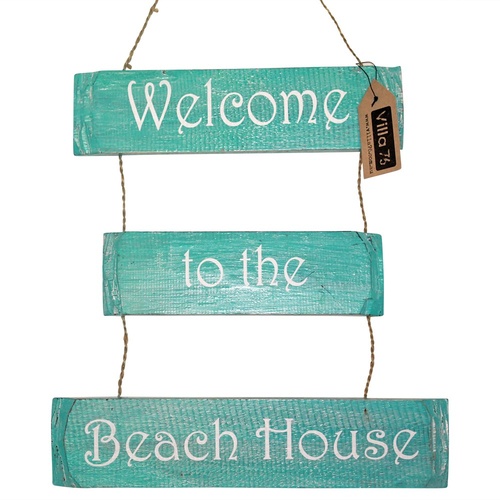 39cm Wooden Hanging Aqua/Torquoise "Welcome to the Beach House" 3 Tier Sign, Home Decor