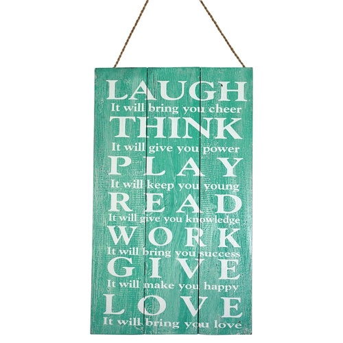 50cm x 30cm Aqua/Turquiose Sign with "Laugh, Think, Play" Inspirational Quote, Wooden Hanging