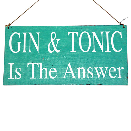 40cm x 20cm Alcoholic Funny Quote, Quirky Wooden Hanging Sign, Hand Painted Gin & Tonic Turquoise