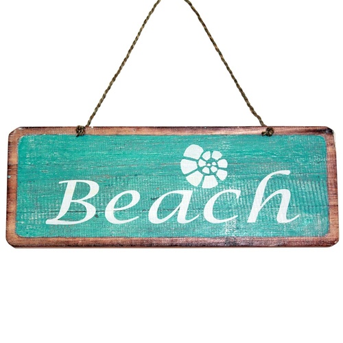 35cm Wooden “Beach” Shell Sign Hand Painted Turquoise / Aqua Blue Hanging Plaque